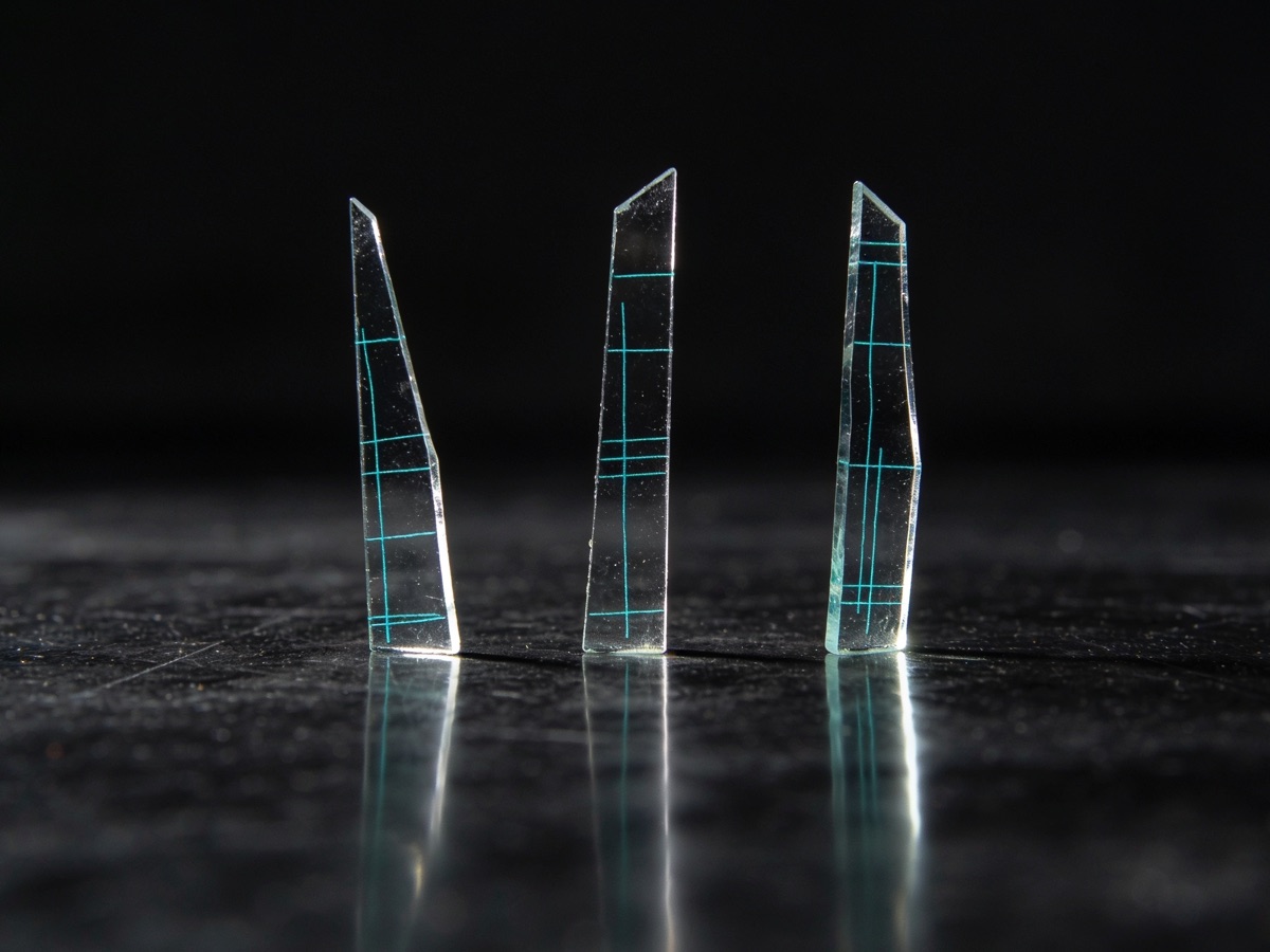 Tre lame di vetro con linee ciano incise: gli esercizi del Lab