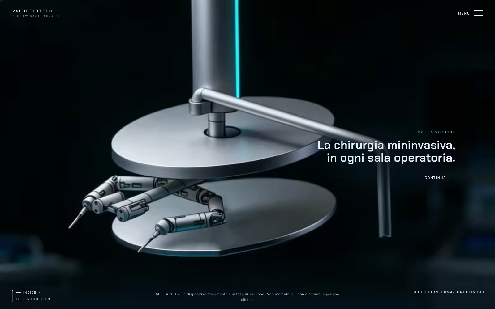 La home del sito ValueBiotech: il robot chirurgico M.I.L.A.N.O. e il claim sulla chirurgia mininvasiva